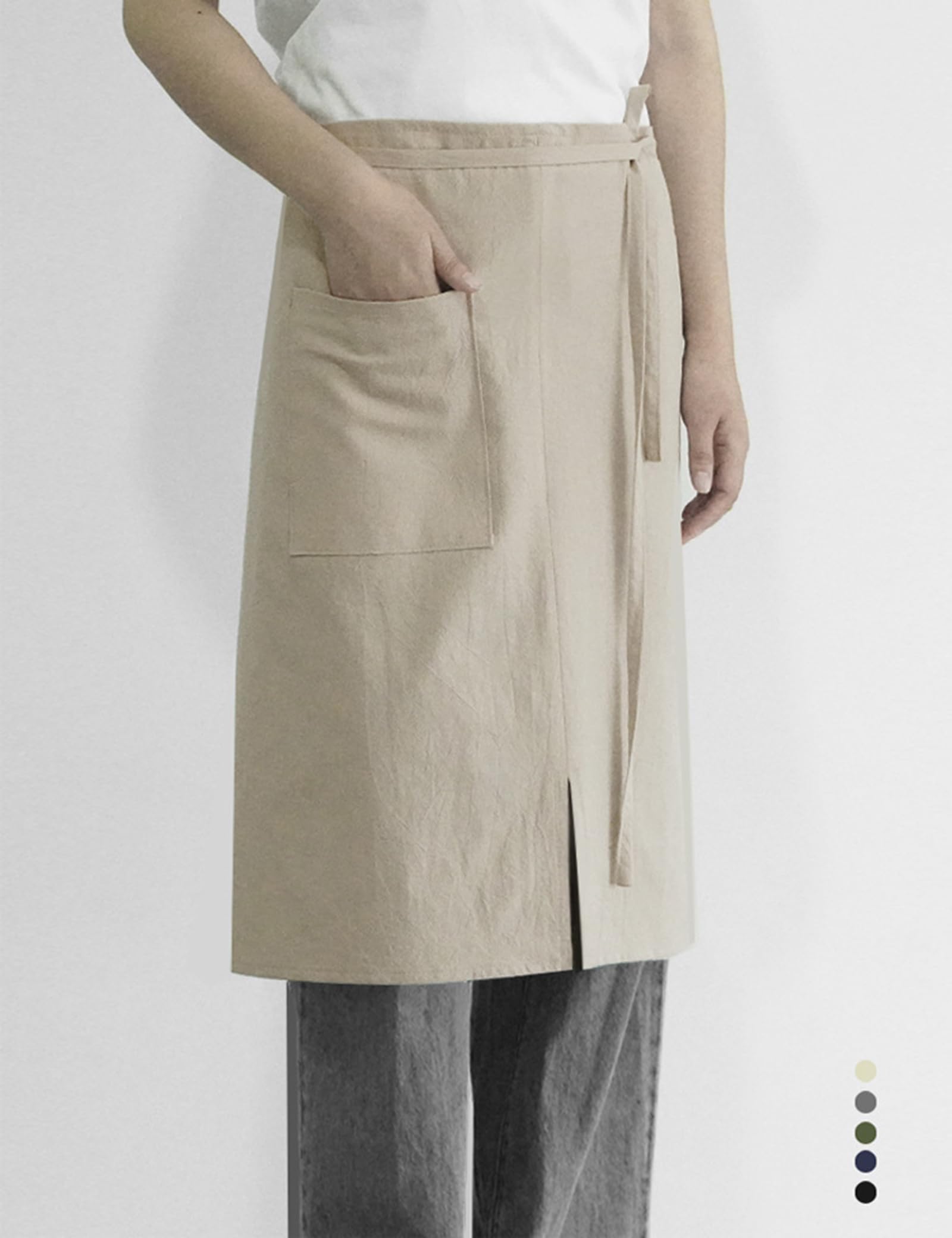 Halbschürze aus Baumwoll-Leinen für Damen und Herren Schlichte Verstellbare Lange Taillenschürze mit Taschen zum Kochen und Servieren