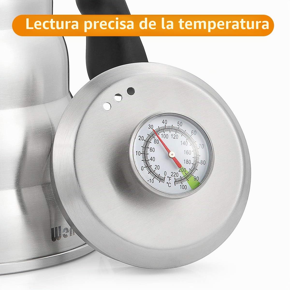 1.2 L Hervidor de Agua con Cuello de Cisne de Acero Inoxidable, Hervidor de Agua con Termómetro para Placas de Gas e Inducción, Gooseneck Kettle para Preparar Té y Café, Plata