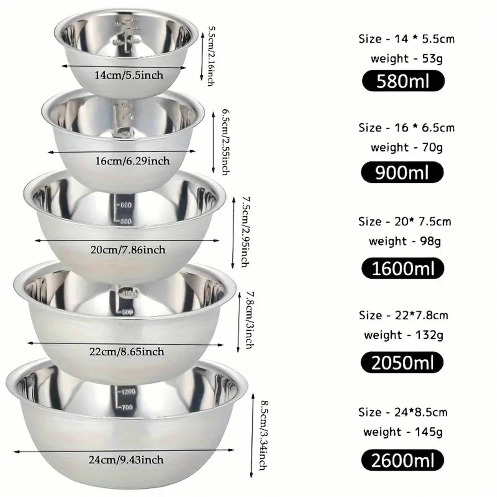 Edelstahlschüssel 5-teilige Rührschüssel aus Edelstahl, Kochschüssel, perfekt for Kochen, Backen, Vorbereiten, in der Küche zu Hause