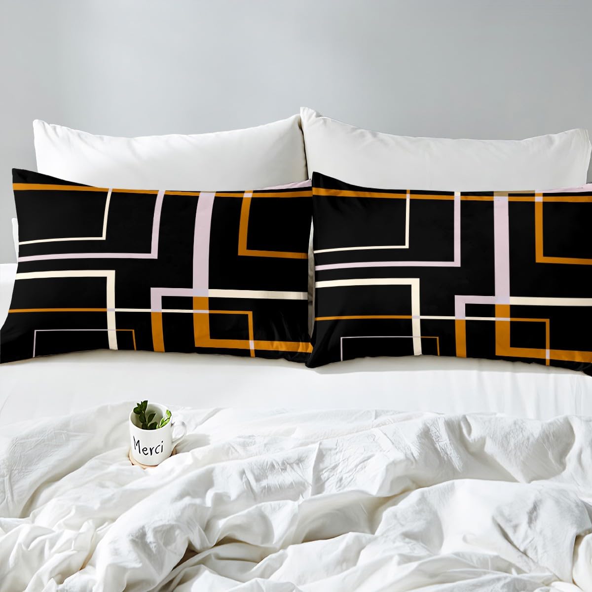 Homewish Geometric Square Bedding Single Black and Orange Duvet Cover - Image 4