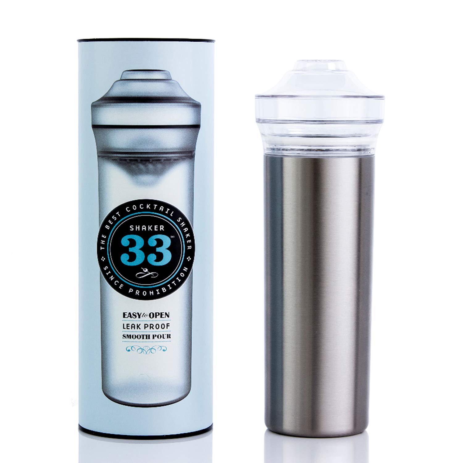 Shaker33 | Plastic Elite Cocktail Shaker Set | 24 OZ | Stainless Steel | Dual Strainer | Dishwasher Safe, Shatterproof, Leakproof & Lightweight | Bartending Essential | Lid Locking | Father's Day Gift