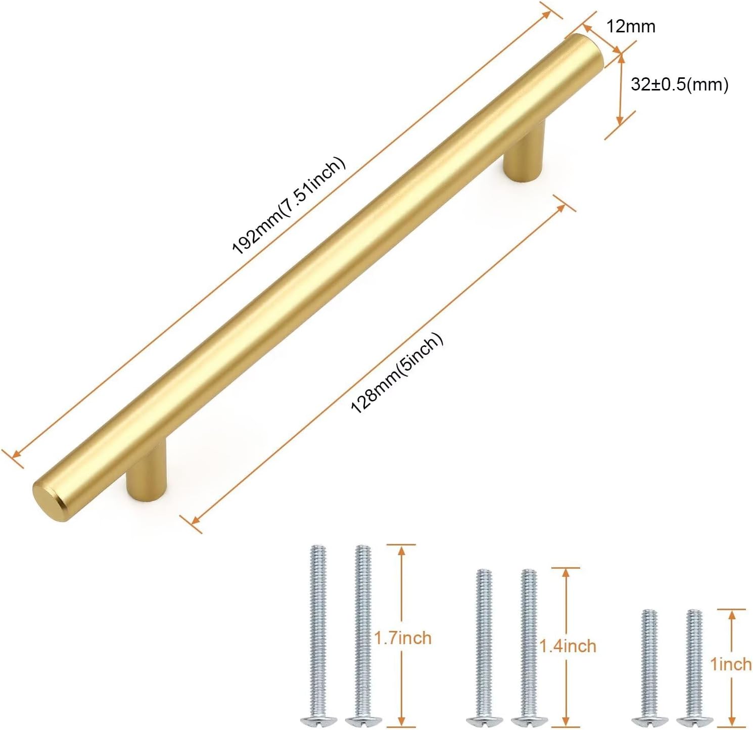 Probrico 30 Pack Hole Centers (128mm) 5inch Gold Kitchen Cabinet Handles Stainless Steel Polished Gold Cabinet Pulls Round T Bar Pull Handle for Cabinets and Drawers Total Length 7.5inch(192mm)
