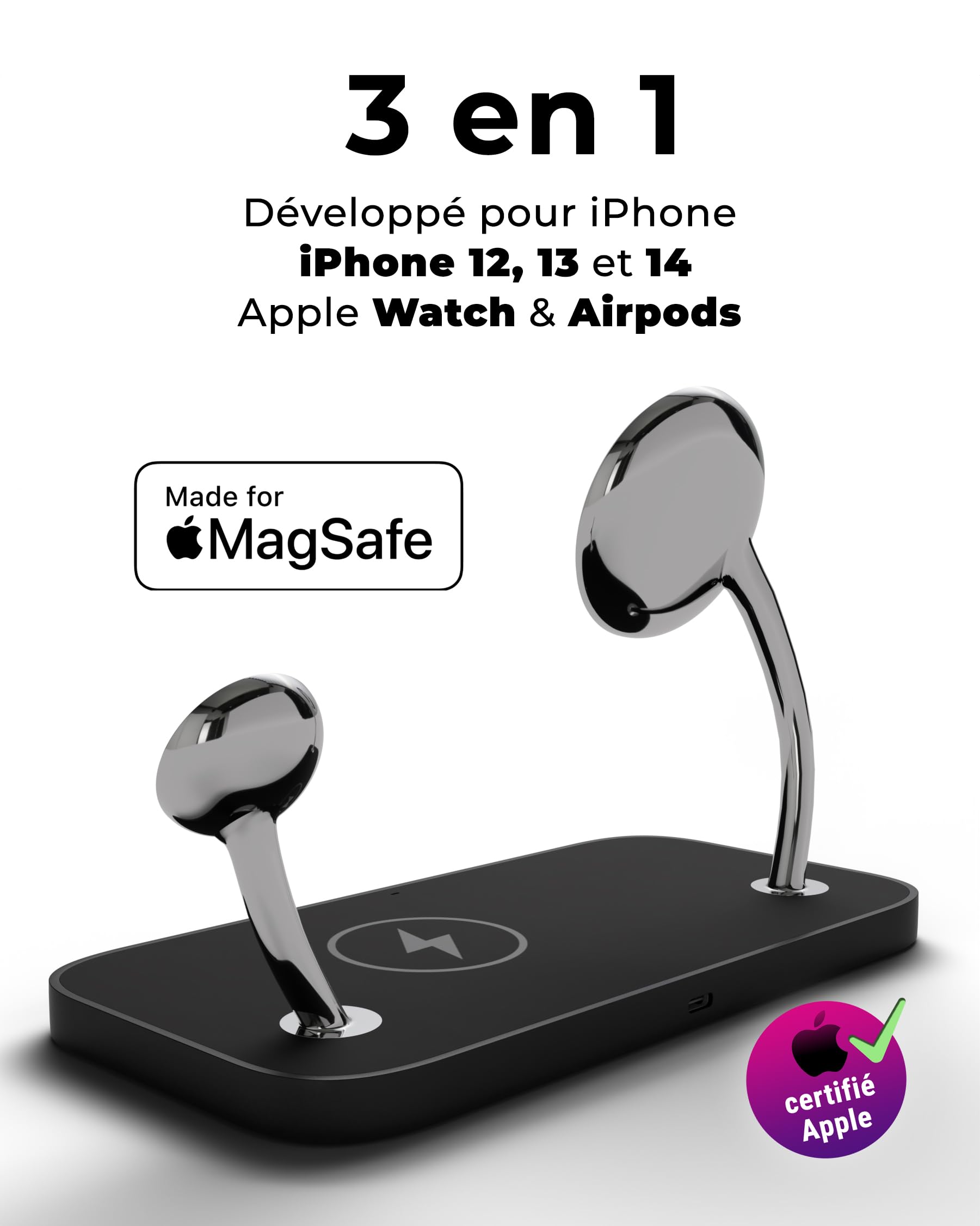 XtremeMac X-MAG Pro Chargeur sans Fil 3-en-1 à Grande Vitesse, certifié MagSafe, Les iPhone 12,13, 14 et 15, l'Apple Watch, Les AirPods et Tous Les Smartphones dotés d'une Fonction Charge sans Fil