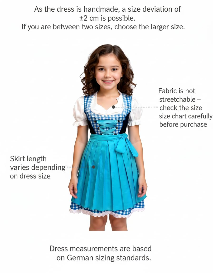 Mädchen Dirndl 3-teilig – Klassisches Kinder Dirndl Trachtenkleid – Festlich & Oktoberfest – Gr. 92–152