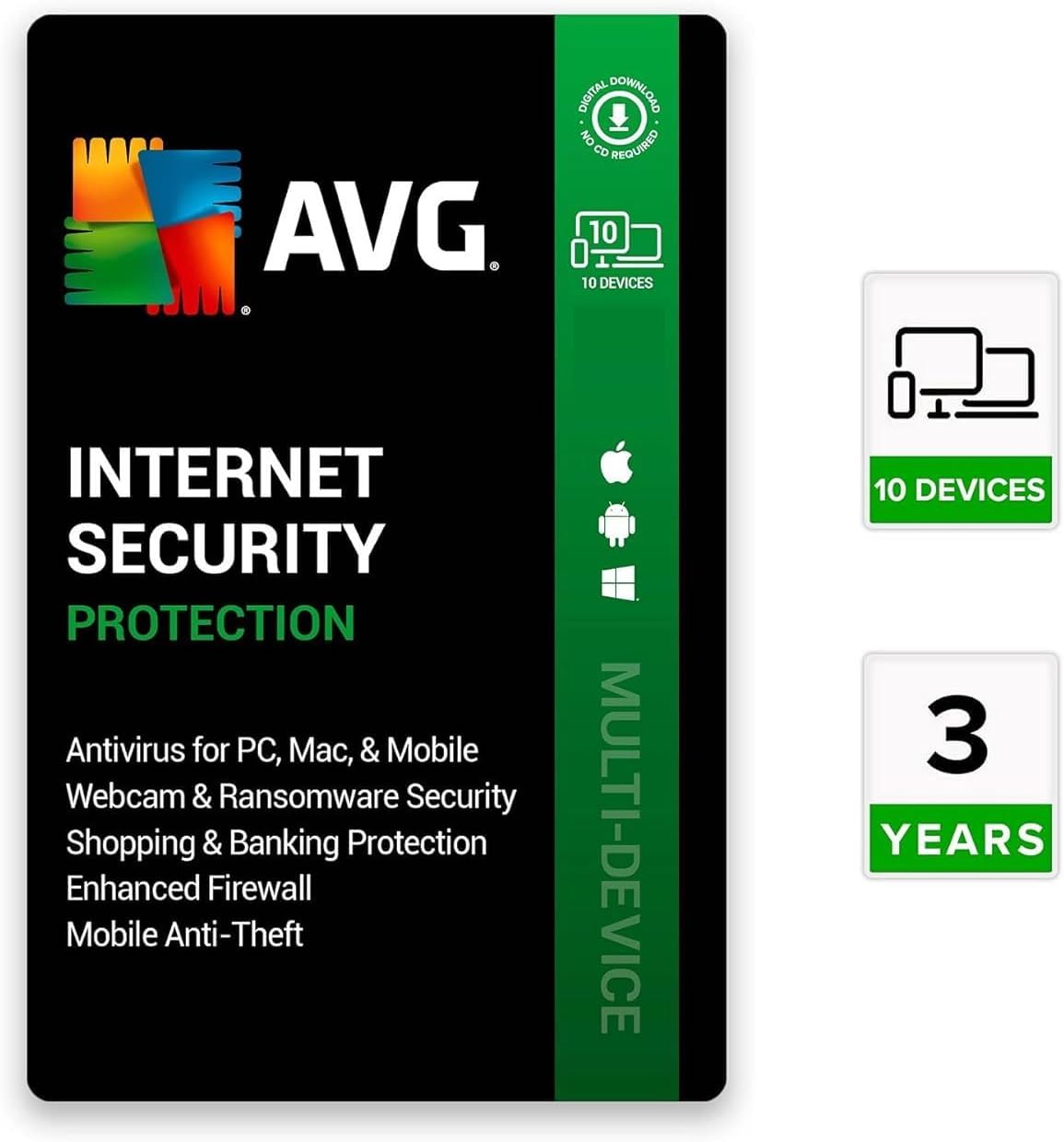 AVG Internet Security | 10 Devices 3 Years | Windows PC, Mac, Android & iOS | Includes Antivirus, Ransomware protection, Firewall & much more | Email Delivery in 2 Hours