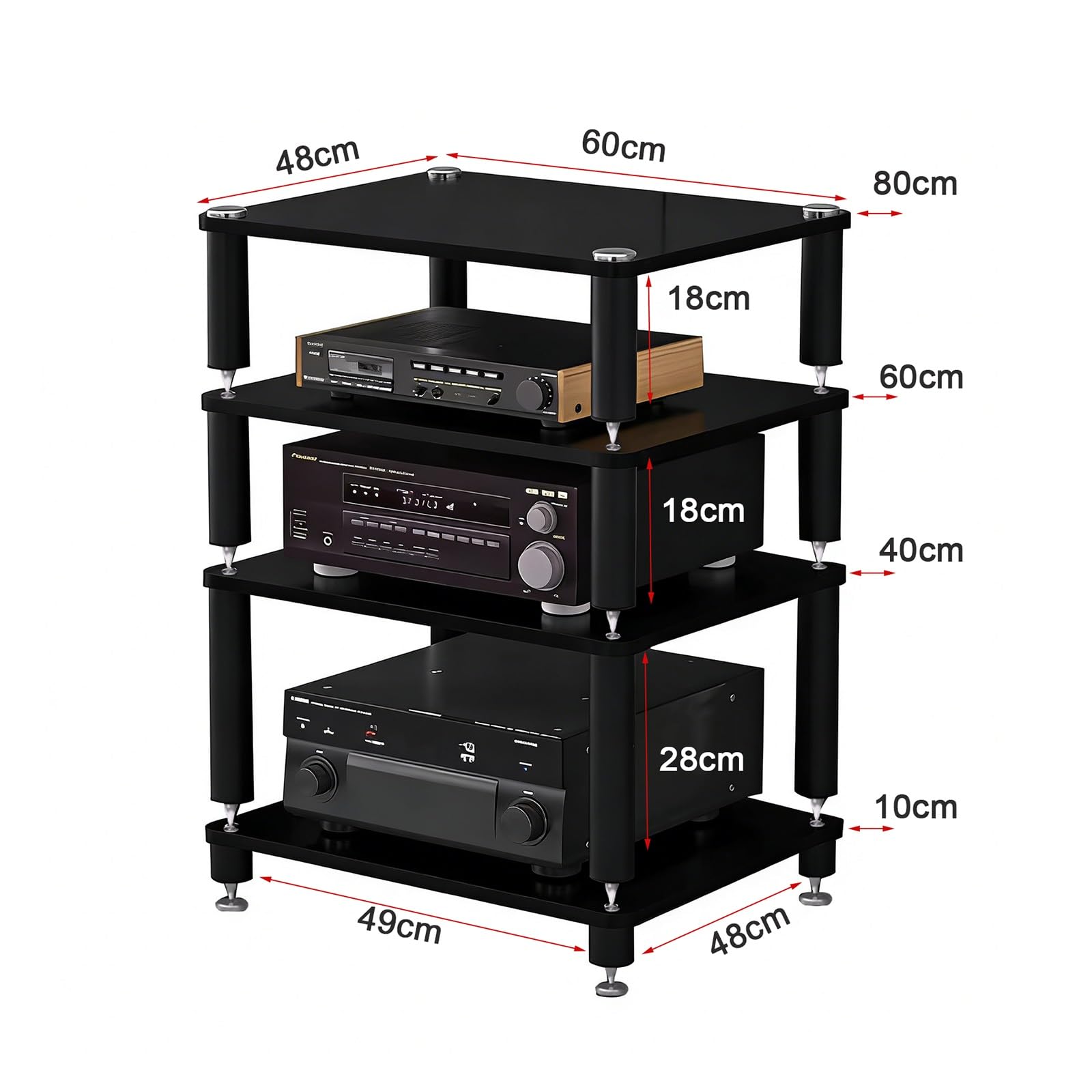 HiFi-Rack-AV-Regal 1/2/3/4-stufiges HiFi-Rack-AV-Regal Medienregal Mit Verstellbaren Einlegeböden Audio-/Videokomponenten(Schwarz,60 * 48 * 10cm(1Tier))