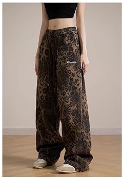 パンツ y2k leopard double waist denim pants TWOTWINSTYLE Leopard Ripped Wide Leg Jeans For Women High