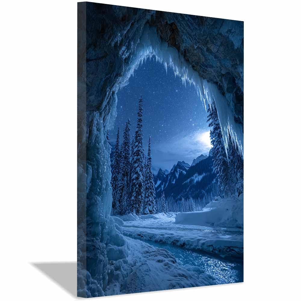 HOQIU Landscape wall art Frozen Cave Night Views canvas art, art print, house decor, bedroom wall decor above bed, prints for living room.(Multicolor)-80x120cm Framed