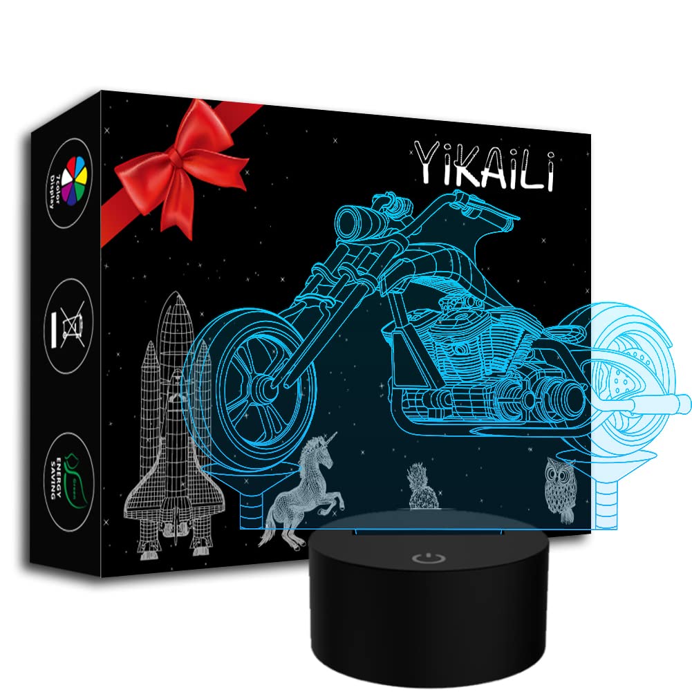 YiKAiLi Motorcycle 3D Illusion Lamp LED Night Light, USB Power Supply, 7 Colours, Flashing Touch Switch, Bedroom Desk Lamp for Men, Children, Christmas, Birthday Gift