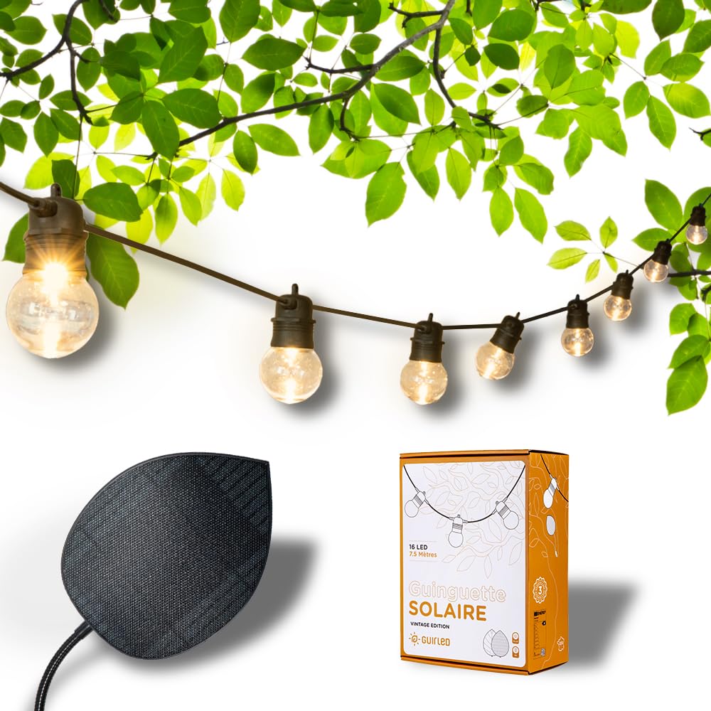 GuirLED - Ghirlanda luminosa solare e impermeabile IP55 - 16 LED 7,5 metri - Estensibile - 100% autonomo - Foglio fotovoltaico XL - Batteria al litio 4000 mAh - Vintage Edition