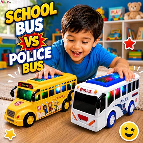 Image of Vikrida Friction Powered Police and School Bus Toy for Kids | Light & Sound Battery Operated Vehicle with LED Effects - Combo Pack of 2 Pcs
