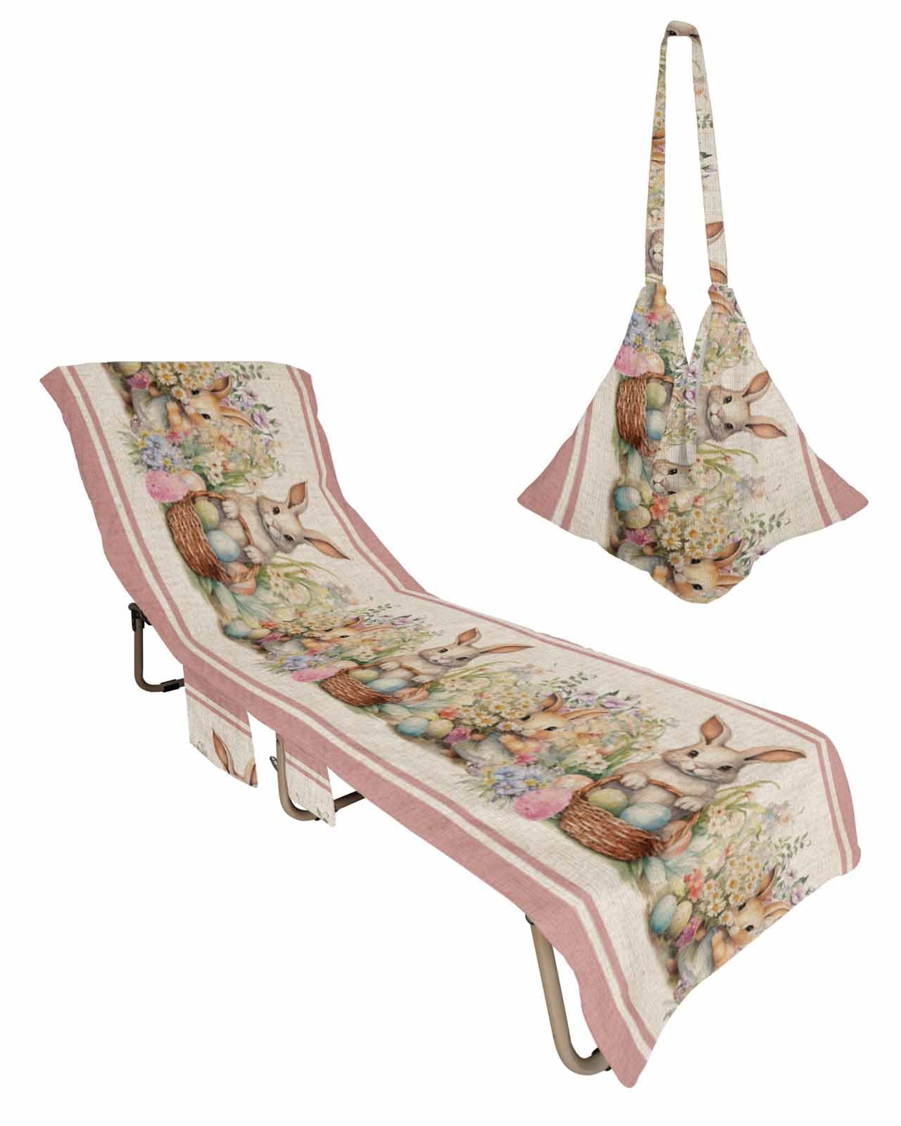 Easter Bunny Pink Beach Chair Towel Covers for Chaise Lounge with Side Pocket, Soft Plush Pool Towels Cover for Patio Sunbathing Outdoor 29''x85'' Country French Vintage Botanical Eggs