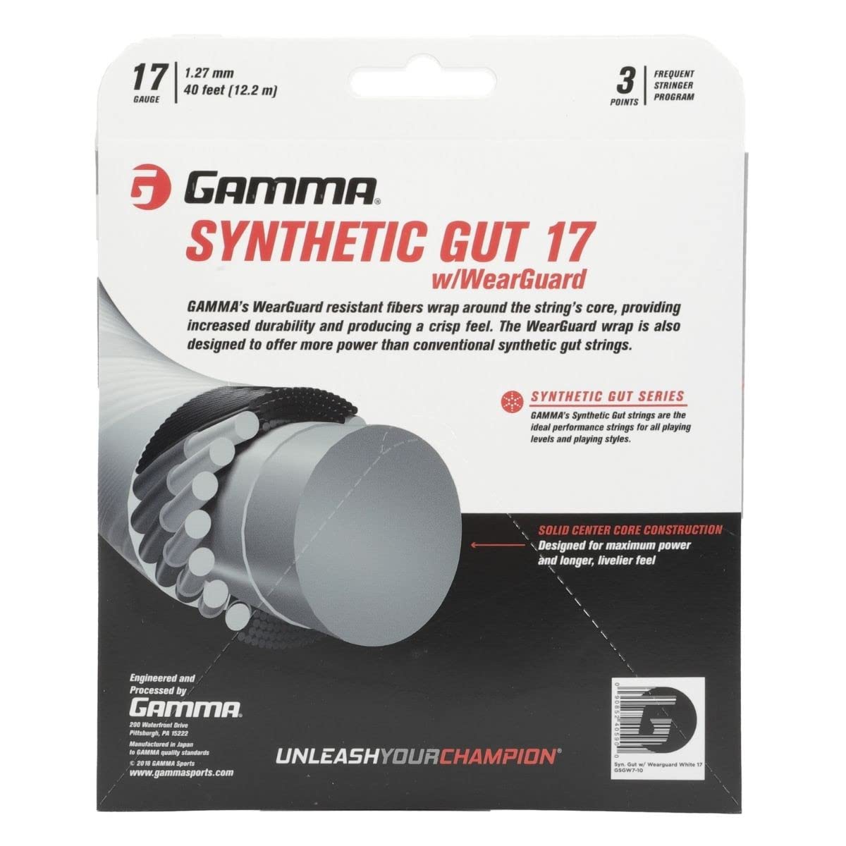 Gamma Synthetic Gut w WearGuard 17g White Tennis Racquet String (8 Sets)