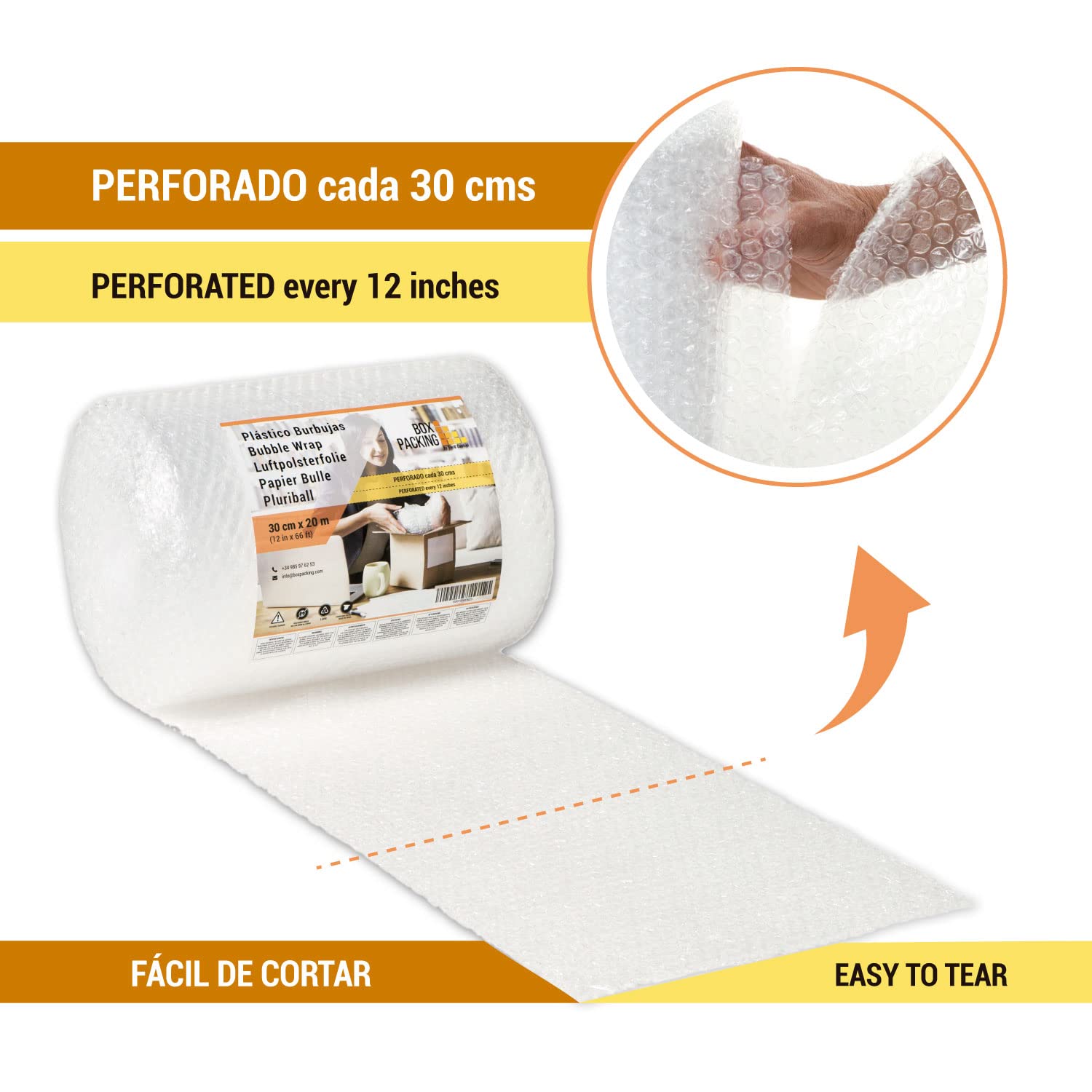 BOXPACKING | Luftpolsterfolie Rolle | Polsterfolie 30 cm x 20 m Perforiert | Noppenfolie Ø 10 mm (ca. 40 g/m²) | Bubble Wrap | Verpackungsmaterial: Luftpolsterfolien | Für Versand und Umzug