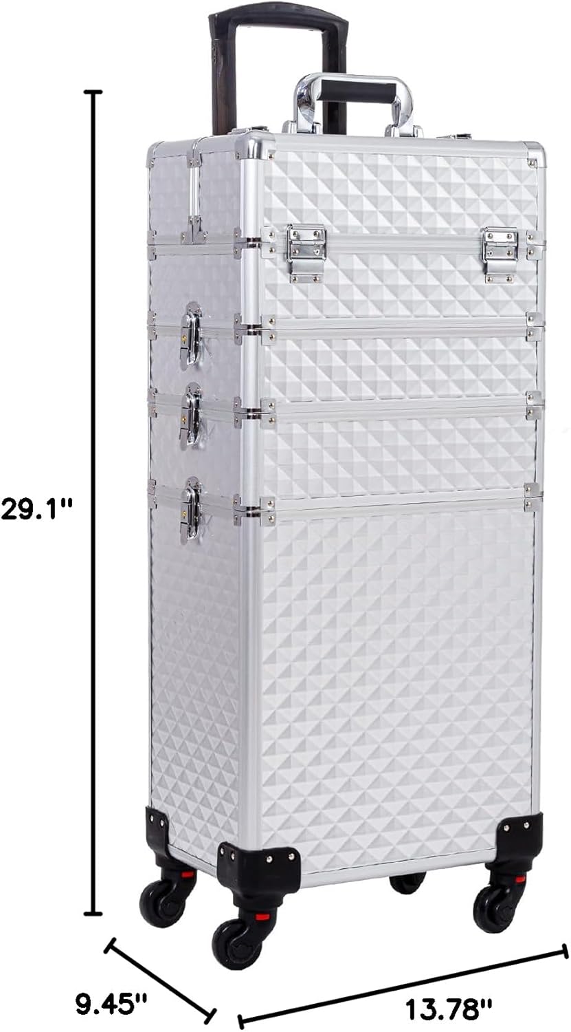 AROUS Rolling Makeup Train Case 4 in 1 Cosmetology Case on Wheels Large Storage Cosmetic Trolley with Key Salon Barber Case Traveling Cart Trunk, Silver - Image 10