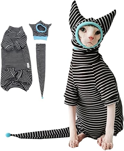 Miniatura 1 de SNIXfever Sphynx - Conjunto de camisa transpirable a rayas negras para gatos, gorro y camisa para mascotas (talla M)