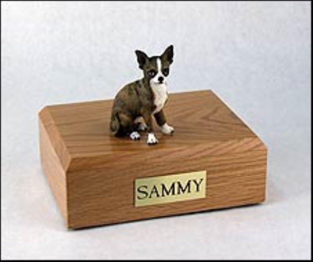 Chihuahua Dog, Pet Cremation Urn - Brindle Chihuahua Figurine on Traditional, Small Sized, Oak Wood Urn.