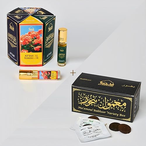 Maamoul Bakhoor - Juego de aceites variados y Attar de Dukhni  Auténticos aceites de incienso árabe y fragancia  20 piezas de Bakhoor y 6 attares de