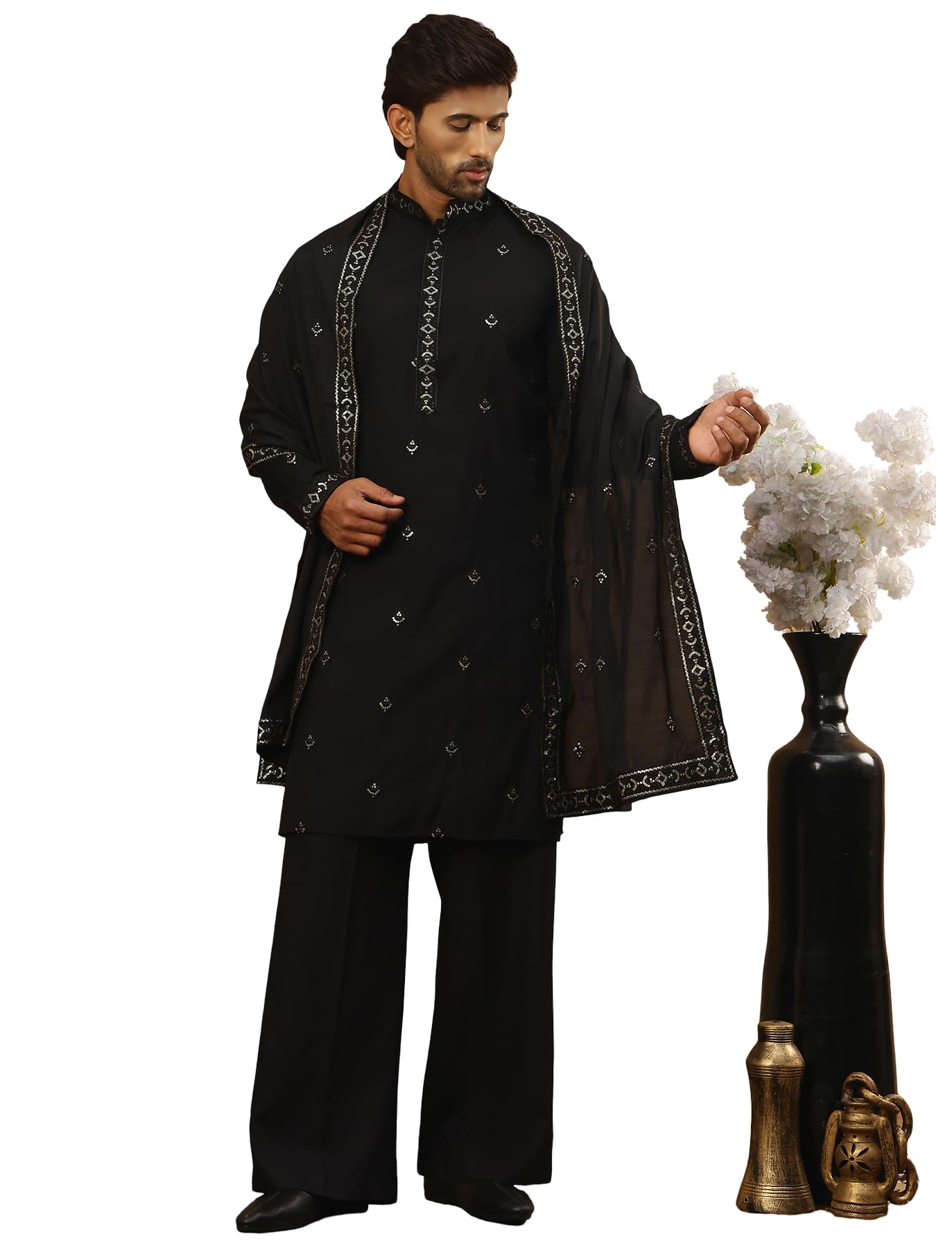 Silk Blend Embroidered Kurta Pyjama with Dupatta (Black, S)-image-22