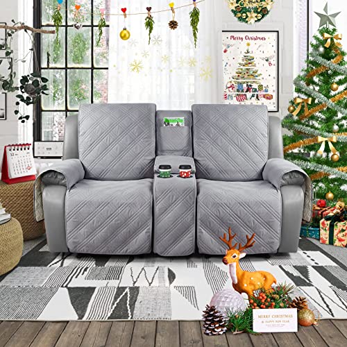 Taococo Loveseat Recliner Cover With Center Console, 100% Waterproof Pet Cover For Dual Recliner With Straps Design, Split Reclining Loveseat Cover Furniture Pet&Kids Protector (2 Seater, Gray) #TOP6