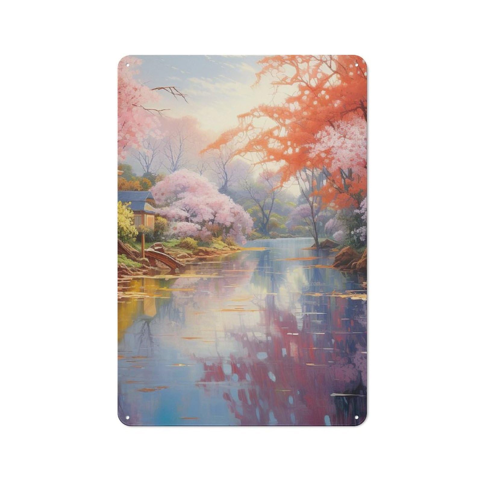 Junmoney Style-7 Cherry Blossom Lake Metal Wall Sign 30X20cm, Retro Decor For Workshop Wall, For Garage, Workshop And Man Cave Decoration