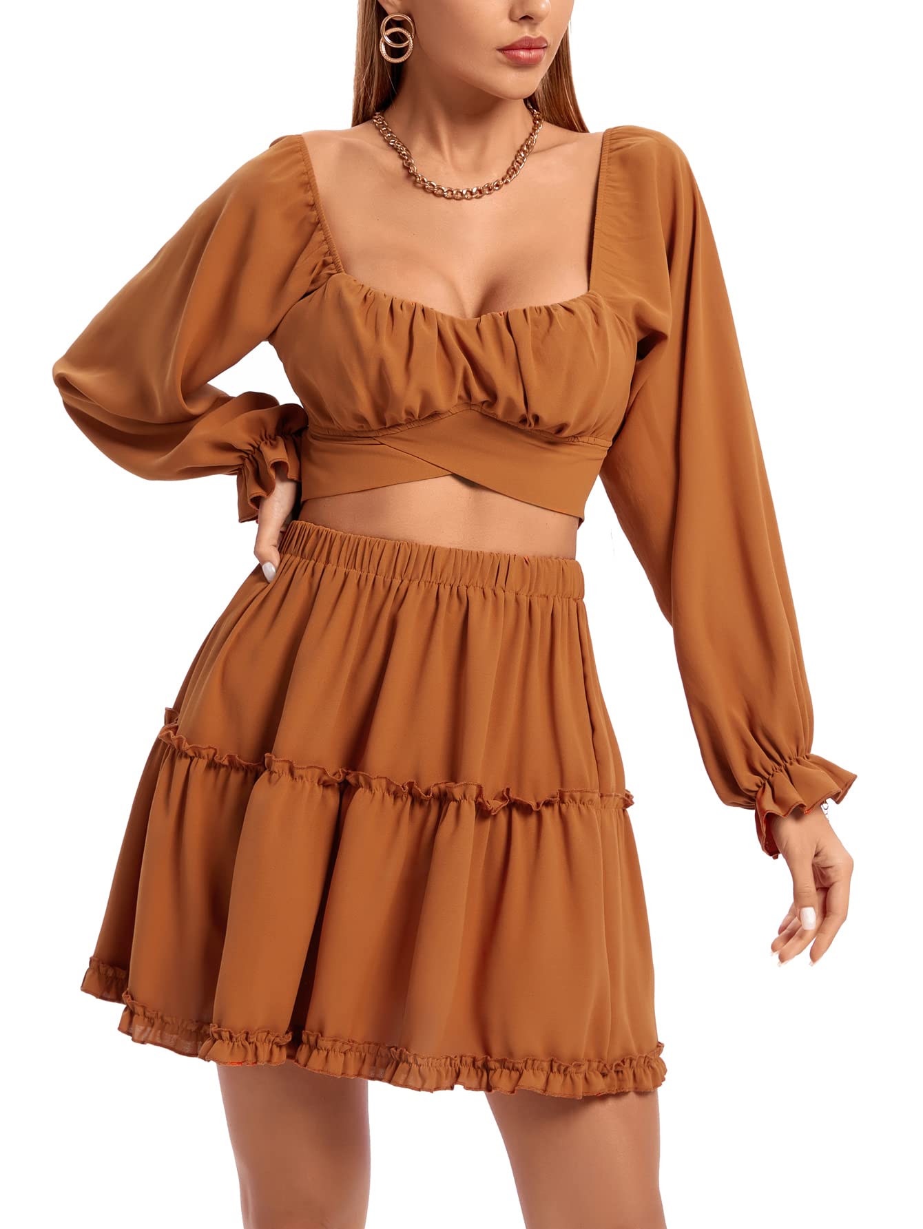 Photo 1 of LYANER Women's 2 Piece Outfits Self Tie Knot Crop Top and Mini Skirt Set Large Caramel