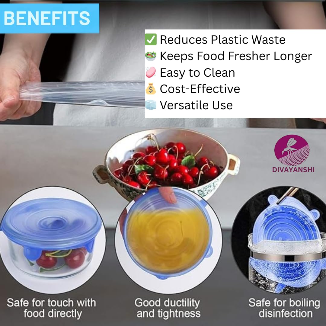 Divayanshi Silicone Stretch Lids for Food Storage | Reusable & Airtight Curved Dish   Covers | for outdoor picnic | BPA-Free, Leak-Proof, Microwave & Freezer Safe – Pack of 6 Flexible Silicone Lids - Image 5 thumbnail