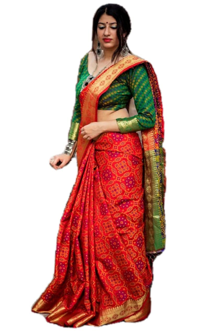 GRAB MANTRA SILK AND COTTON SAREE, RED N GREEN patola silk saree for women with contrast unstitched blouse