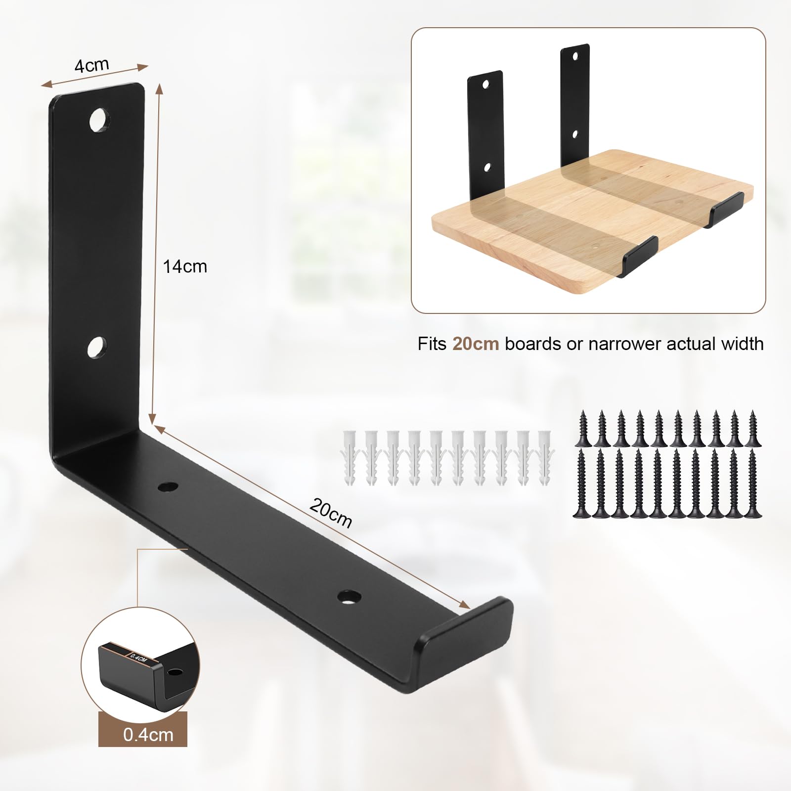 Soporte para estanterías de 20 cm, 4 unidades, color negro, forma de L, ángulo de carga pesada de 90 grados, estante industrial, soporte de pared