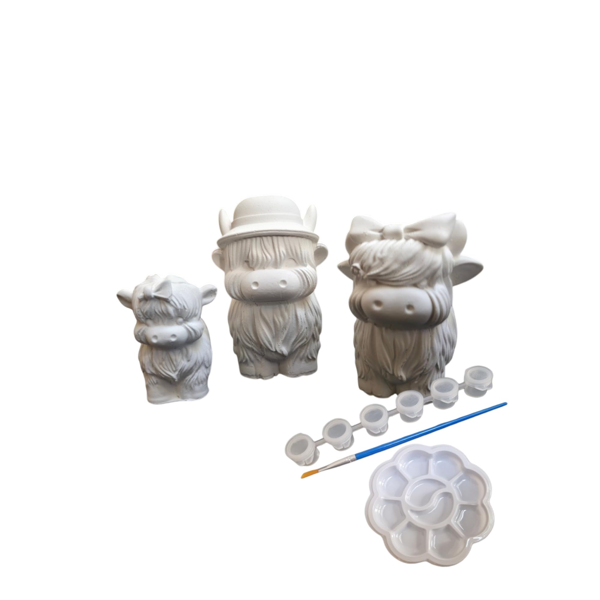 Highland Cow Family Paint Your Own Plaster of Paris Figurine Set, 3 Pieces, with Brush and Palette, Ready to Paint Pottery, Highland Cow Gifts, Cow Lover Gifts