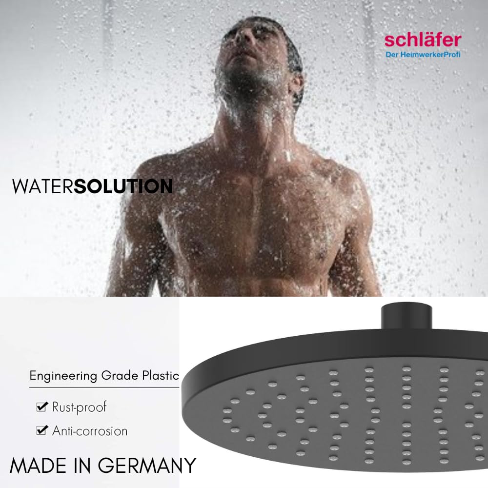 Schläfer 136000 | Alcachofa de ducha negra mate, redonda de 20 cm de lluvia antical de alta presión en ABS, cabezal para cabina de ducha PureShower, articulación ajustable universal G 1/2