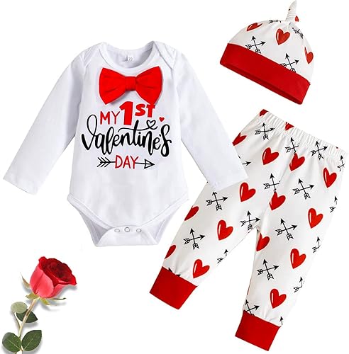 Baby Boy Valentines Day OutfitNew Round Neck Newborn My 1st Valentine Day Long Sleeved Letter Top+pants+Hat 3Pcs Set
