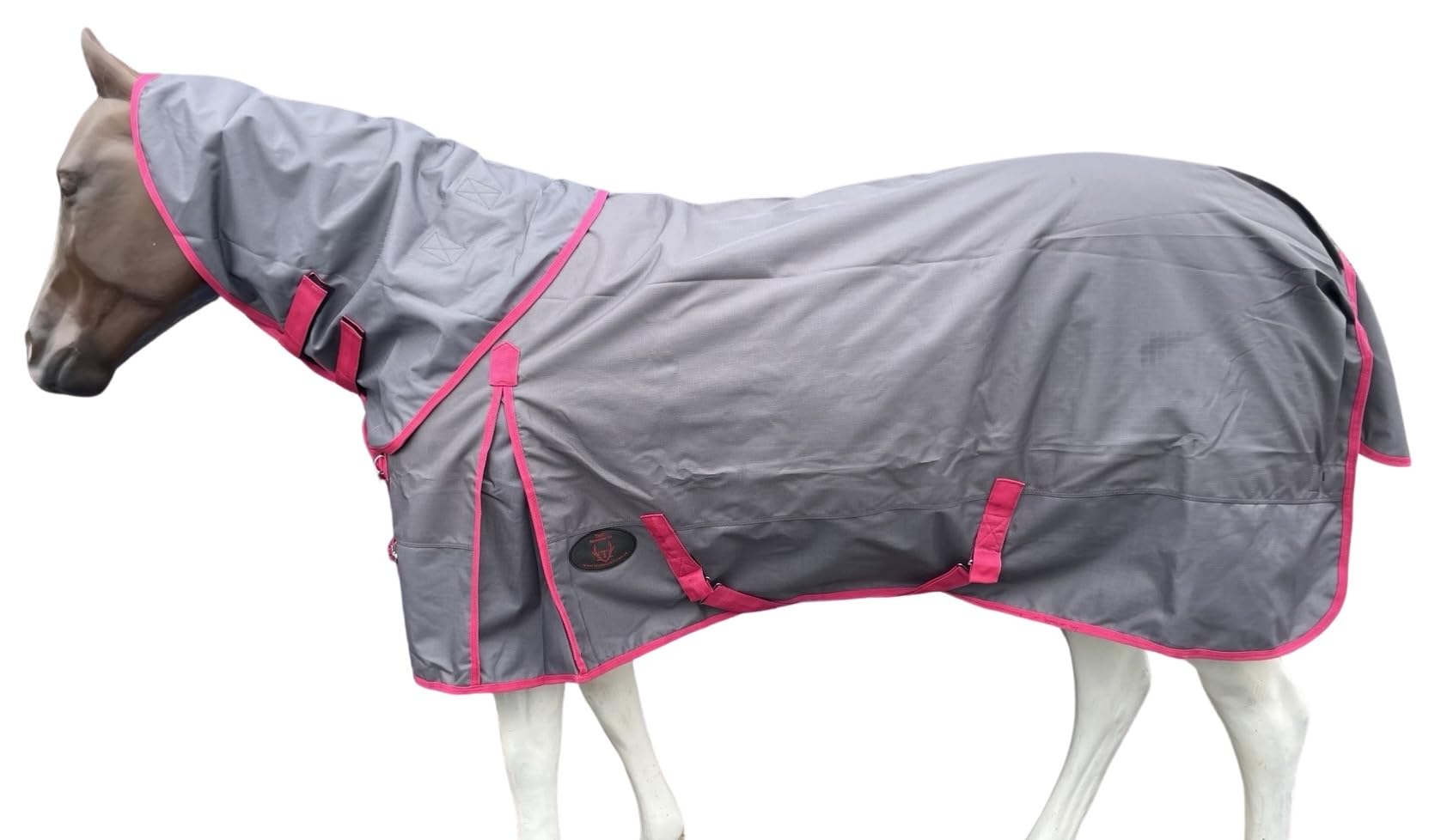 Horse RAIN Sheet with Neck Cover | 1200Denier Horse Rainsheet with Hood | Horse Turnout Sheet with Neck |Horse Rainsheet Combo (Waterproof | Breathable) (Charcoal-Raspberry, 74)