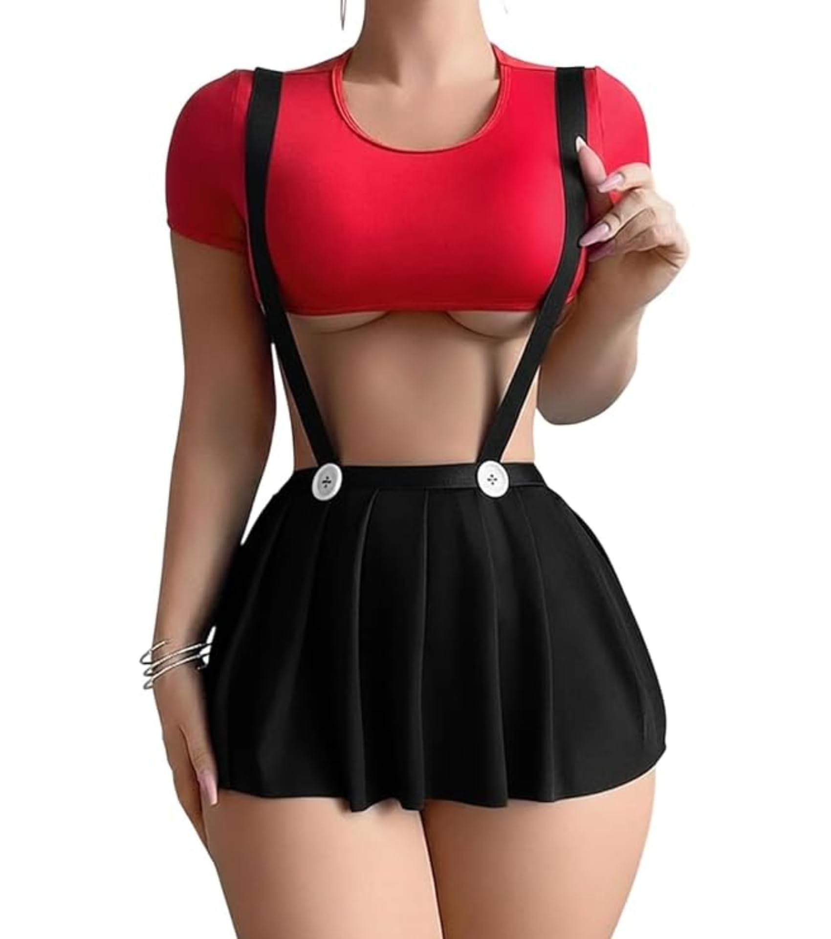 Black Pleated Mini Skirt for Women with Suspenders Button Detail Cute School Style Cosplay Skirt, Kawaii College Fashion Outfit, High Waist Adjustable Strap Skirt for Date Night, Valentine, Honeymoon-image-40