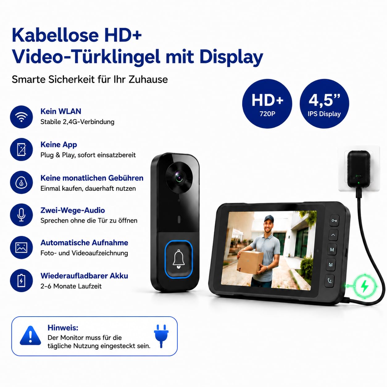 Türklingel mit Kamera, Funkklingel mit Kamera und 4,5 Zoll IPS Monitor, Video Türsprechanlage Kabellos Ohne WLAN & App, 120° Weitwinkel, 2-Wege-Audio, Nachtsicht, IP65 Wasserdicht, Klingel Haustür