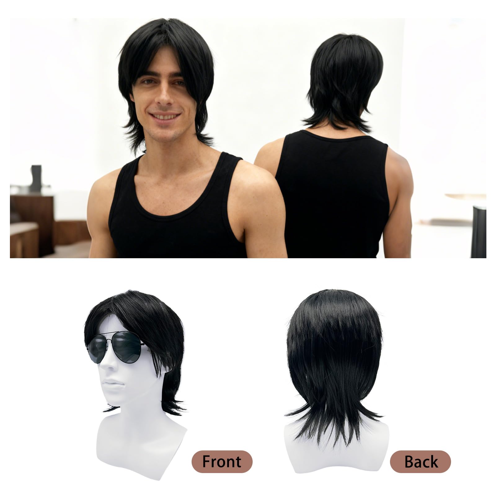 Nero Parrucca Mullet Uomo e Occhiali da Sole per Adulti, Naturali a Strati Corti Parrucca da Festa Halloween Carnaval Discoteca Fête de Cheveux Synthétique con Frangia pour Cosplay Carnaval