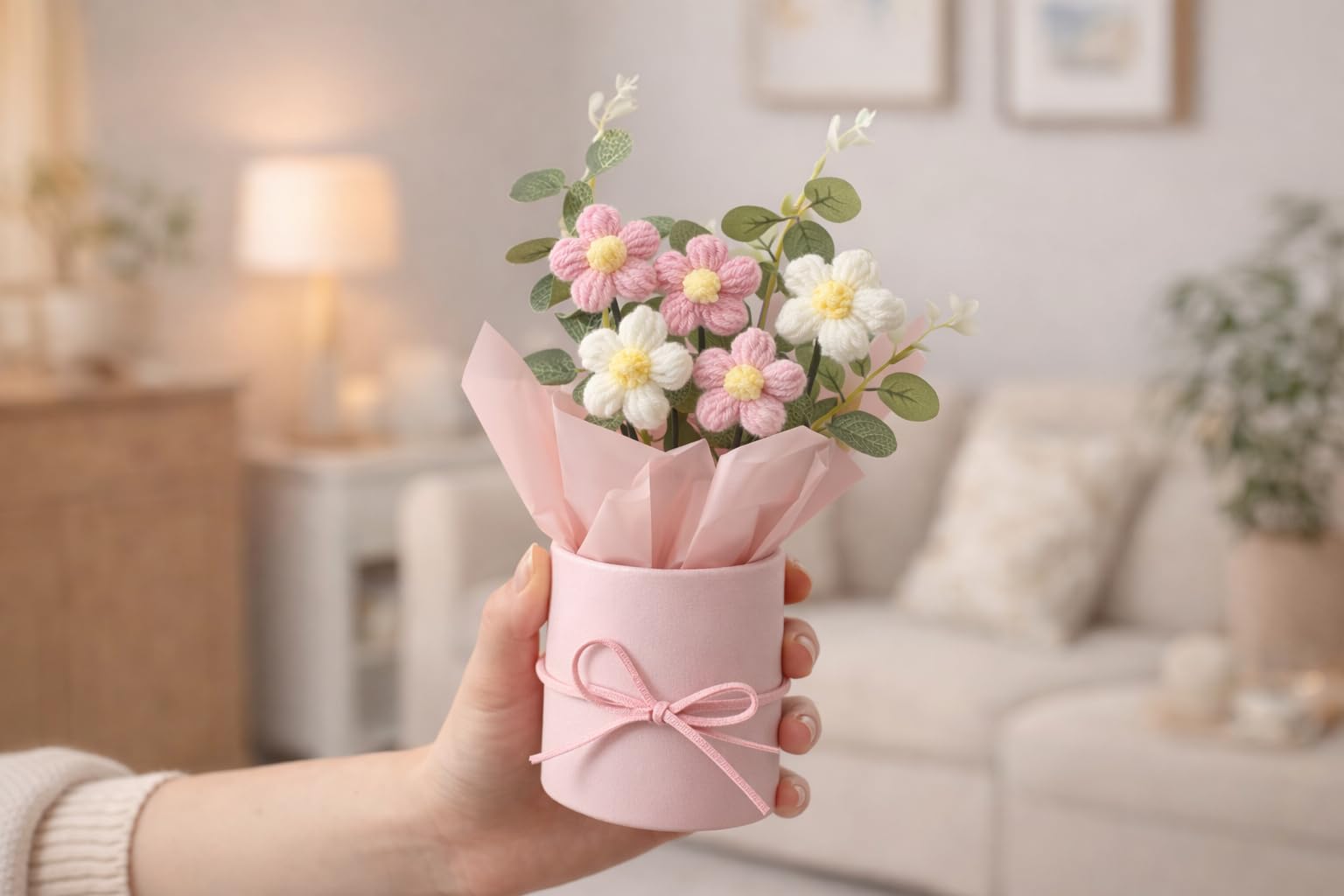 QLECT Home Decor Artificial Crochet Flower Bouquet/Artificial Flowers Bunch/Crochet Flowers Bouquet/Crochet Flowers/Flowers Bouquet Gift for Girls Home Decor,Gifting,etc. (Pink Daisy Bouquet)