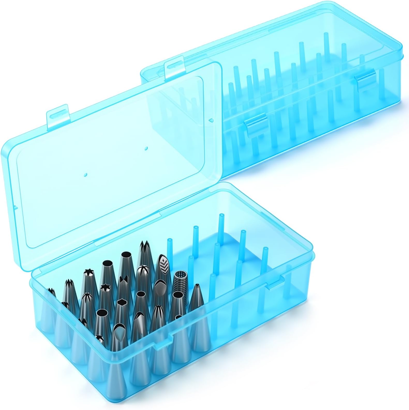 2 Pcs Piping Tip Box with Fixed Pins 84 Piping Tip Organizer Baking Cake Decoration Tool Storage Box (Blue)