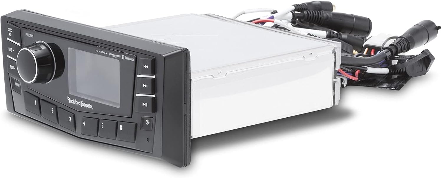 Rockford PMX-5CAN 2.7” Marine Wet Bonded Ipx6 Color Media Receiver, Nmea 2000, 2 Zone Control with 2 Pairs of M0-65 6.5” Marine 2-Way System 250 Watts Peak, White Grilles Included