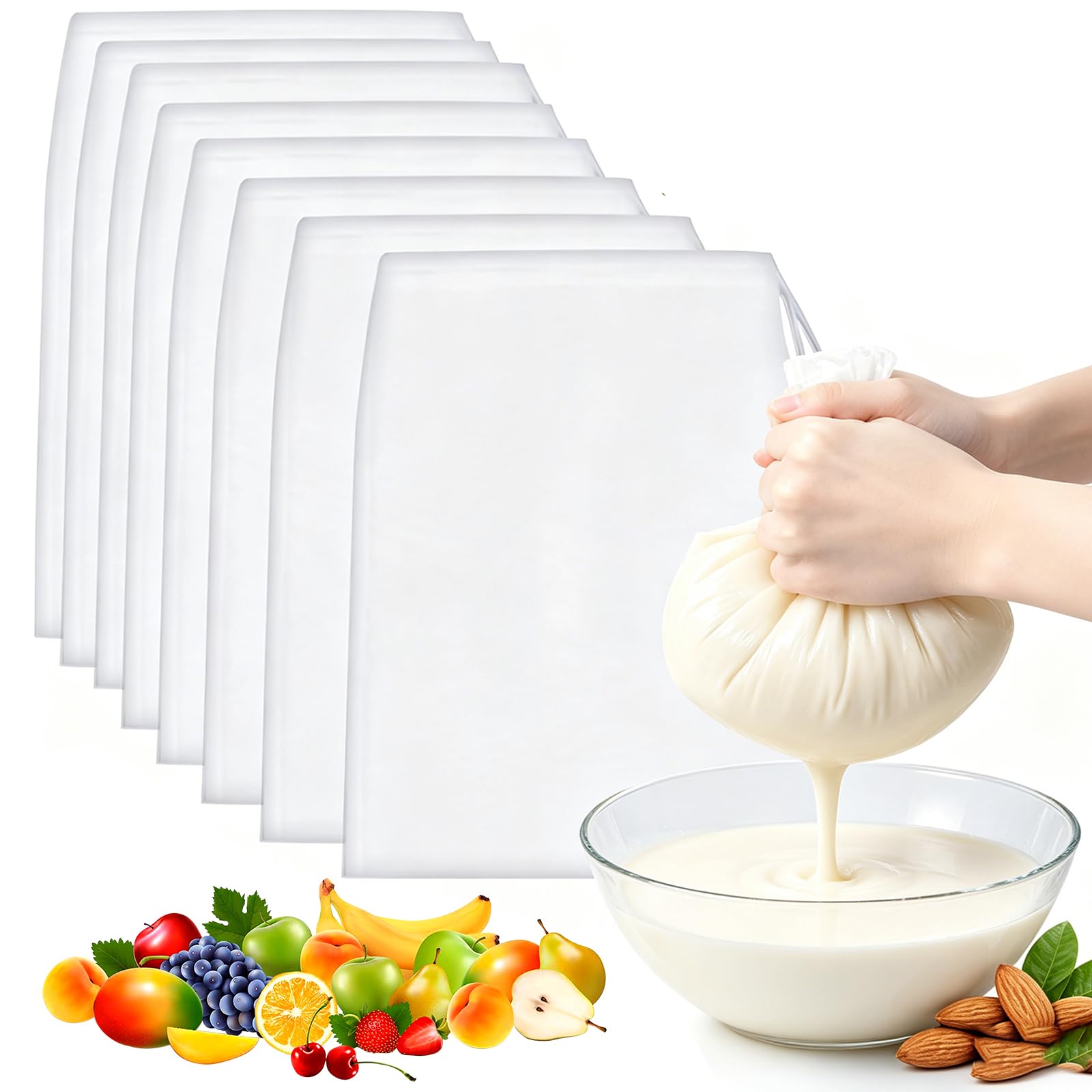 8 PCS Reusable Drawstring Filter Bags, 20 * 30cm Cheesecloth Drawstring Bags,Cheese Cloths for Straining Reusable Fine Mesh Straining Bag,for Cooking, Jam Making, Yogurt, Nut Milk, Food Straining
