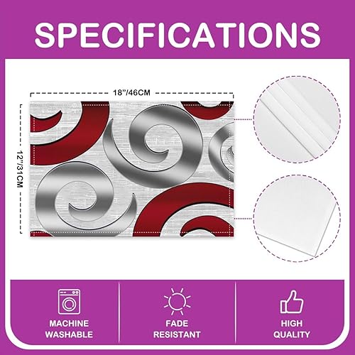 Miniatura 4 de Juego de 4 manteles individuales en espiral rojo y gris de 12 x 18 pulgadas, modernos círculos geométricos degradados, manteles individuales