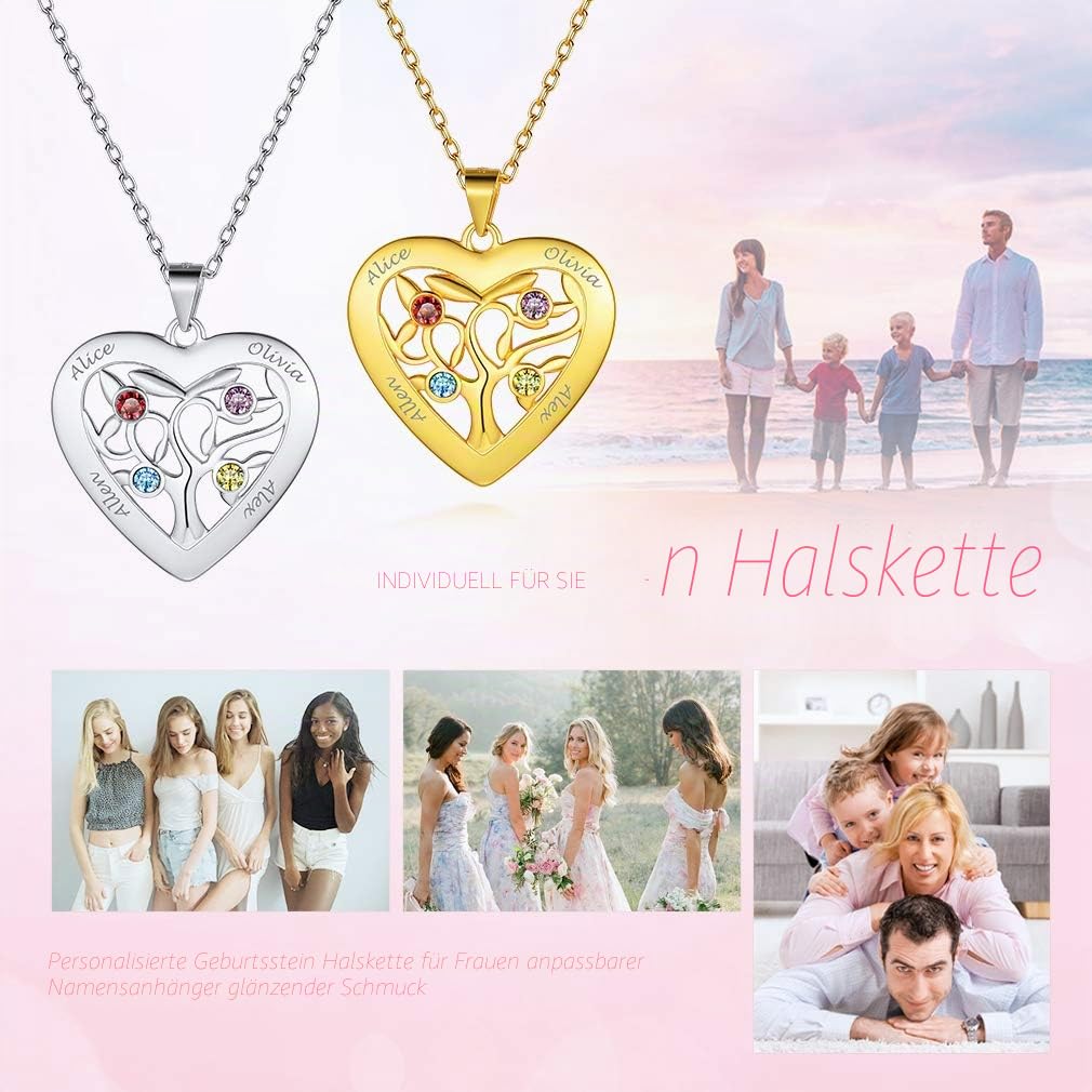 Custom4U Edelstahl/S925 Silber Lebensbaum Namen Halskette mit 2-7 Namen und Geburtsstein，Namenskette Stammbaum zu Gravur Familienkette Mit Geburtsstein Familienbaum Halskette Halskette