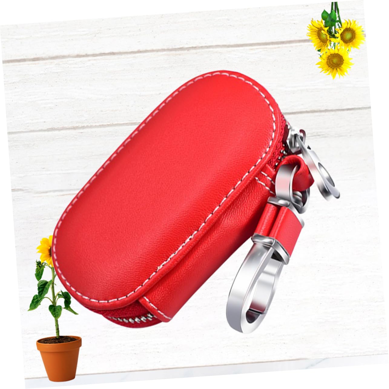 HOLIDYOYO Leather Car Key Holder Pouch Durable Zipper Storage Bag for Keys Coins and Cash for Men Red