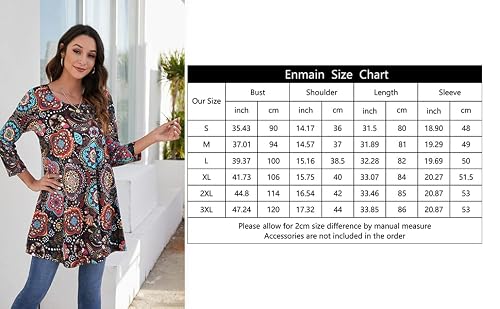 Enmain Womens Tops 3/4 Sleeve Plus Size Loose Fit Tunic Tops Flare T Shirt Dressy Casual Floral Flower Swing Blouses Long Tops To Wear With Leggings X-Large #TOP6