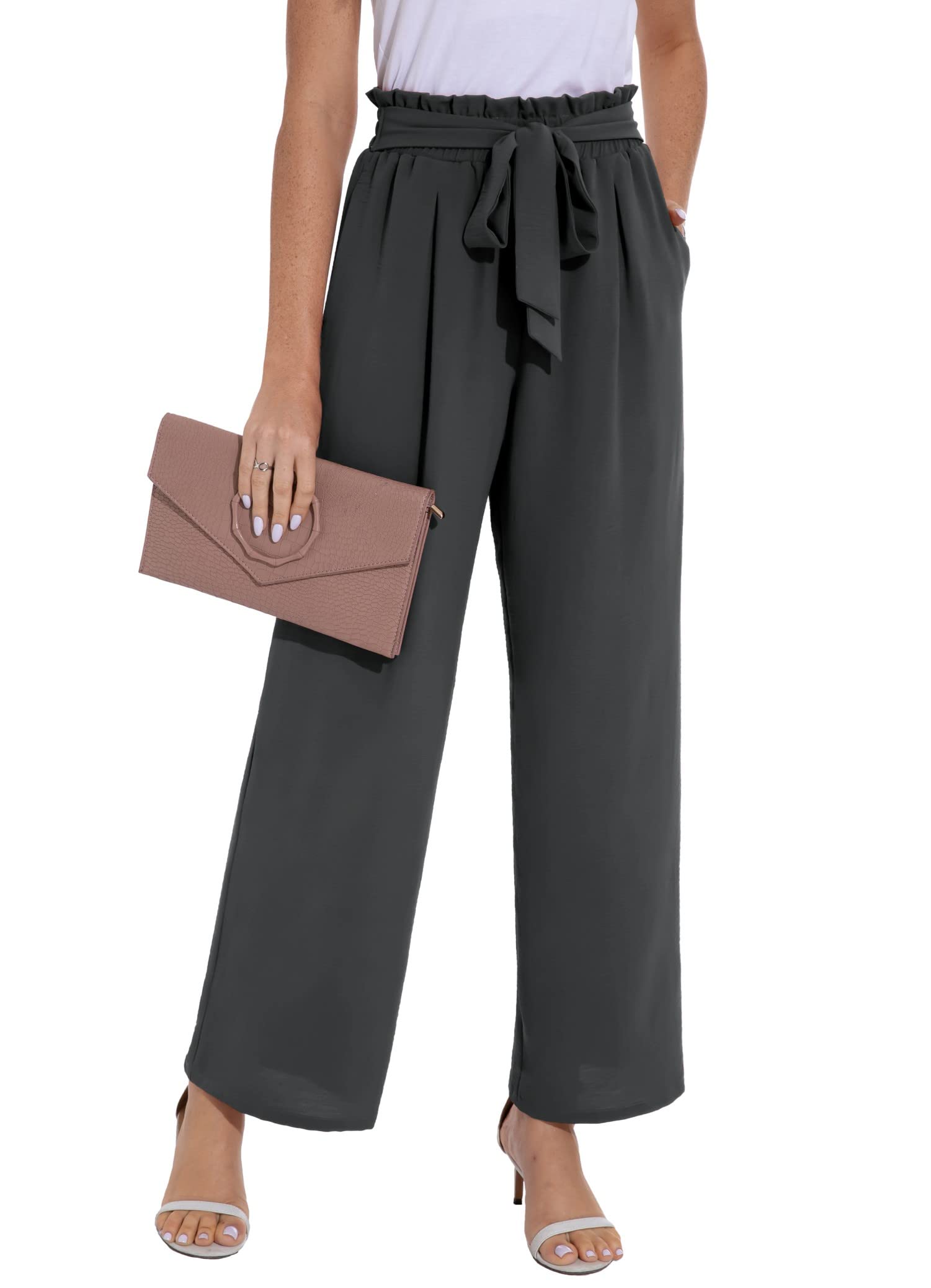 IWOLLENCE Brede Pijpen Broek voor Vrouwen UK Palazzo Broek Elastische Hoge Taille Dames Werk Casual Geplooide Paperbag Pull On Broek, 02 Ivoor Wit, S