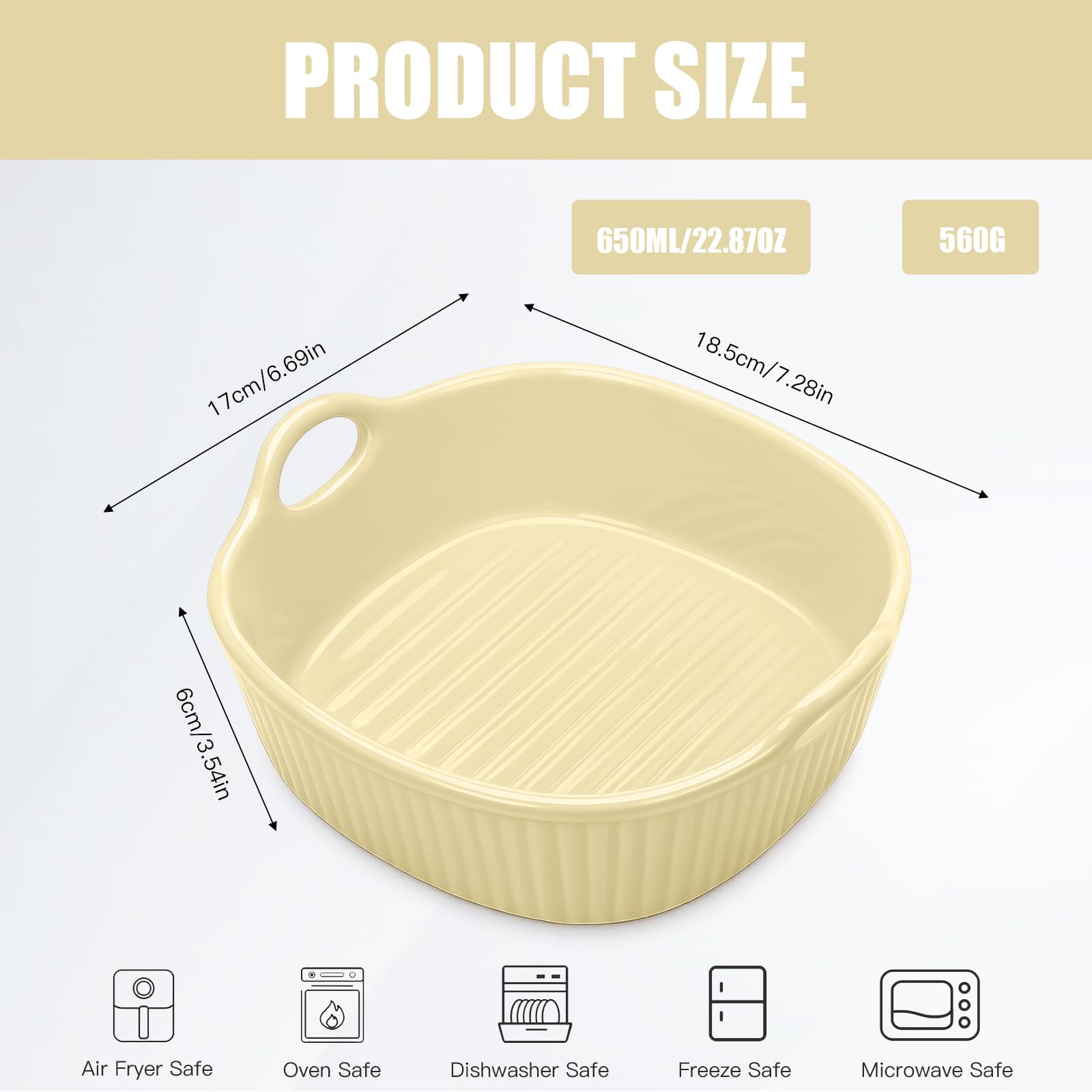 Plat à gratin rond en céramique pour friteuse à air chaud 18,5 x 16,5 x 5,5 cm | Moule à lasagnes et à lasagnes coloré | Moule en céramique avec poignées pour four à micro-ondes (gel de lait 650 ml)