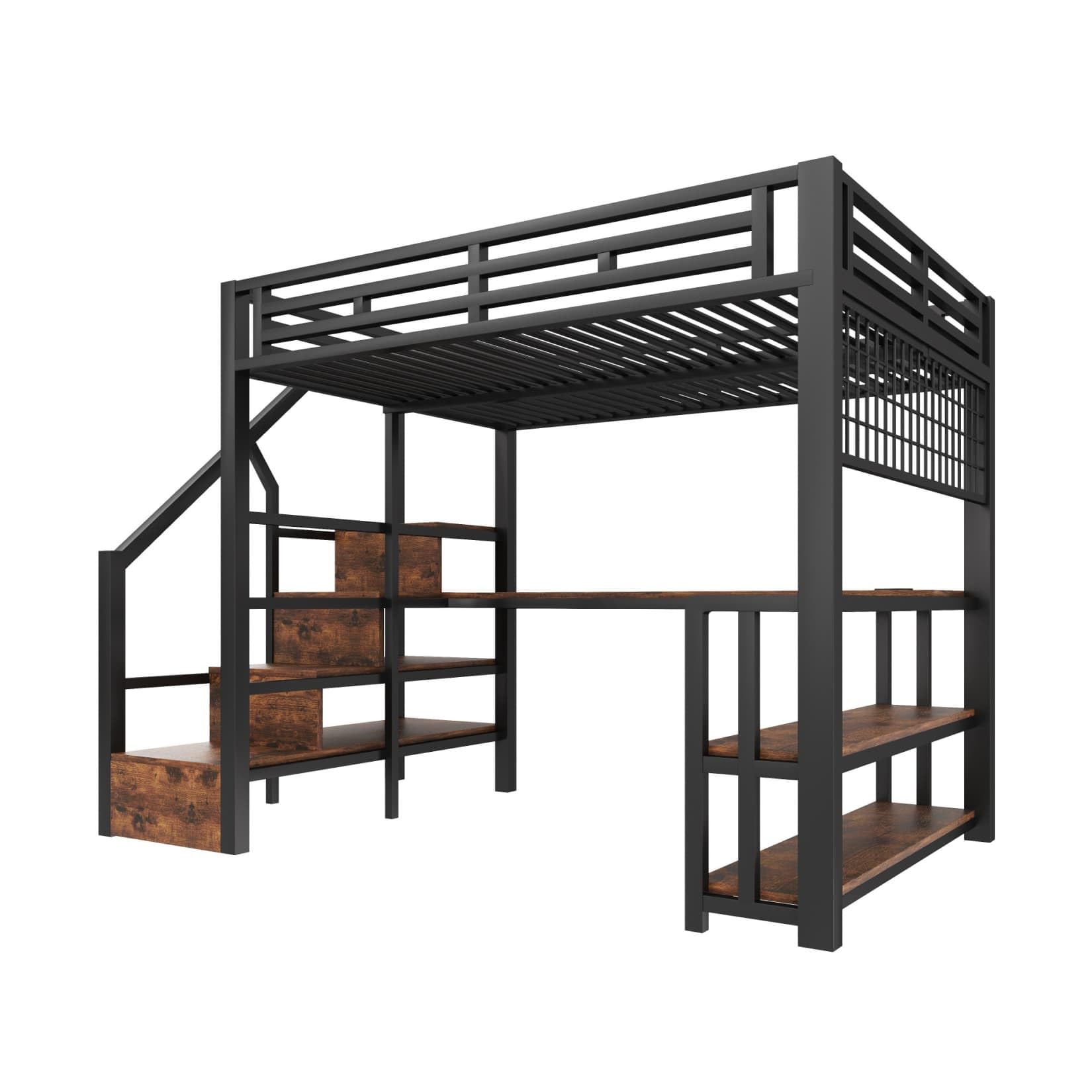 EURHCIO Lit Mezzanine 2 Places 140x200cm,Lit 2 Personnes avec Bureau,Éclairage LED Réglable,Ports USB,Organiseur en Treillis,Étagères Ouvertes,Étagères de Rangement,pour Ados (Noir, 140x200)