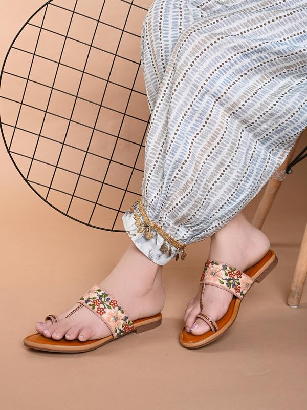 Image of XE Looks Women's Embroidered Toe-Ring Flats | Elegant Floral Strap Design with Cushioned Footbed | Stylish & Comfortable Ethnic Sandals for Girls & Women