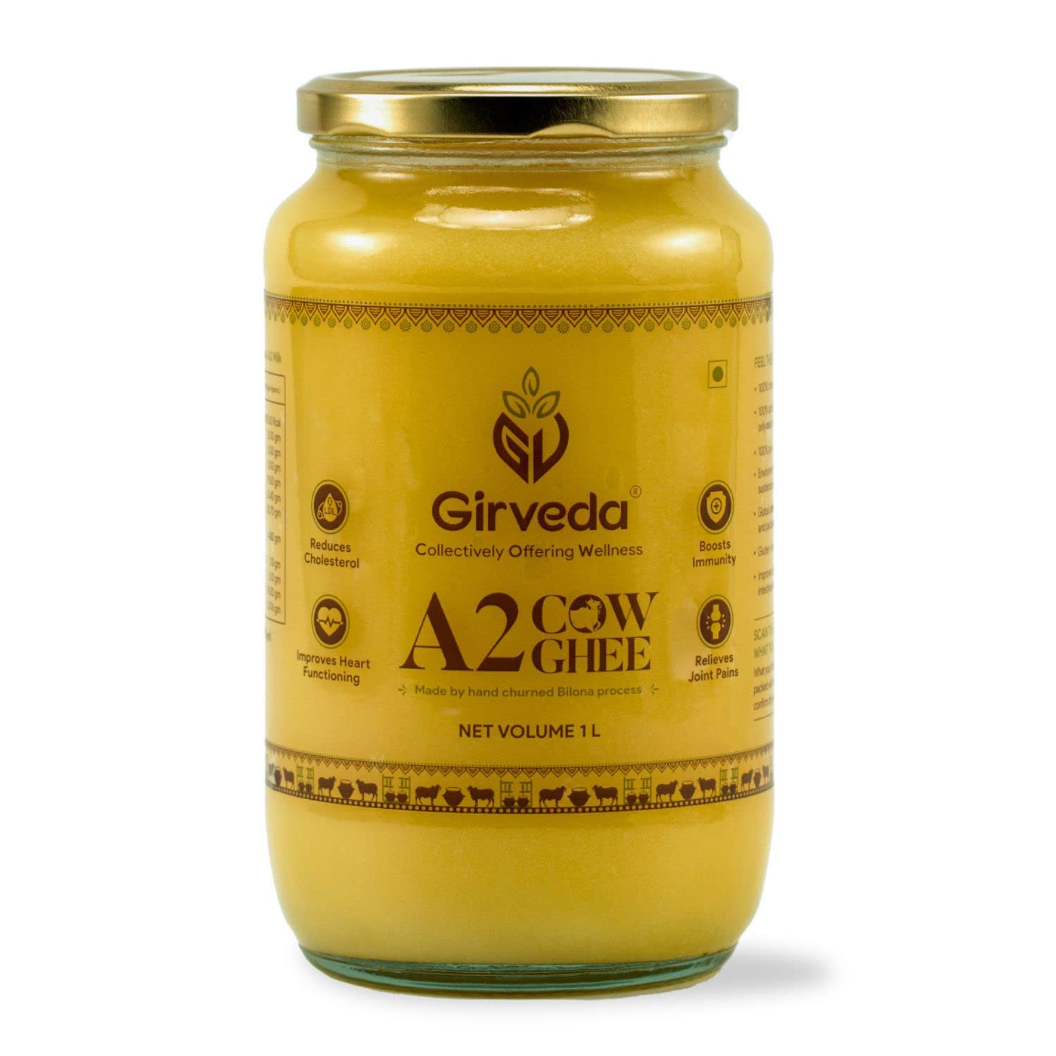 GirvedaA2 Grass Fed Gir Cow Ghee 33.8Oz From Gir Region India | Vedic Bilona Method | Lab Tested | Natural & Healthy | Unsalted | Pasture Raised