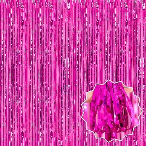 Image of 3 Pack Fuchsia Foil Fringe Curtains Backdrop, 3.28 x 9.8 Ft Metallic Streamers Tinsel Curtains Background for Photo Booth, Birthday, Halloween, Christmas, Thanksgiving, New Year Party Decorations